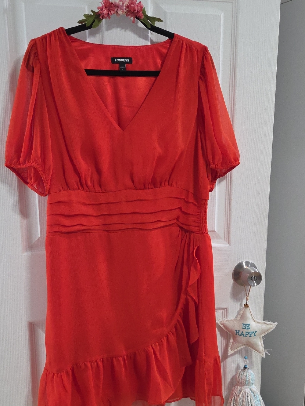 Express Women's Red V-Neck Ruffle Dress